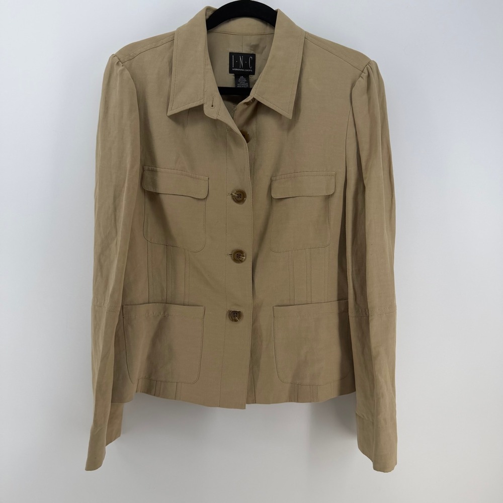 INC International Concepts Safari Jacket Women 14 Tan Silk Linen Blazer Timeless